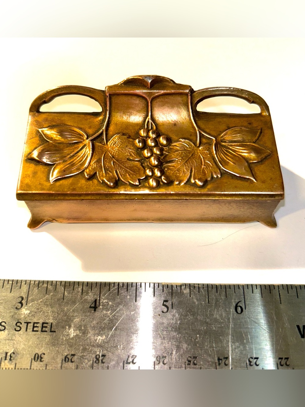 Antique Art Nouveau Brass Stamp Box Grapevine Leaf Desk Accessory / Trinket Box